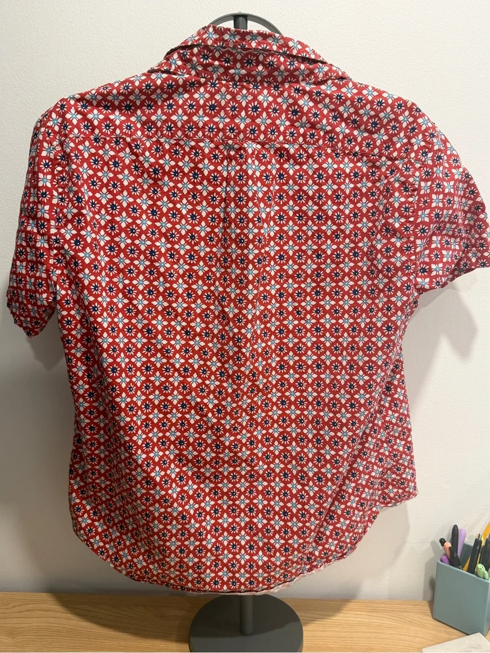 J. Crew Red Geometric Short-Sleeve Button-Up Shirt